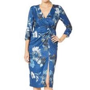 - - - Taylor blue floral faux wrap dress ruched sleeves V-neck slit New Wi…